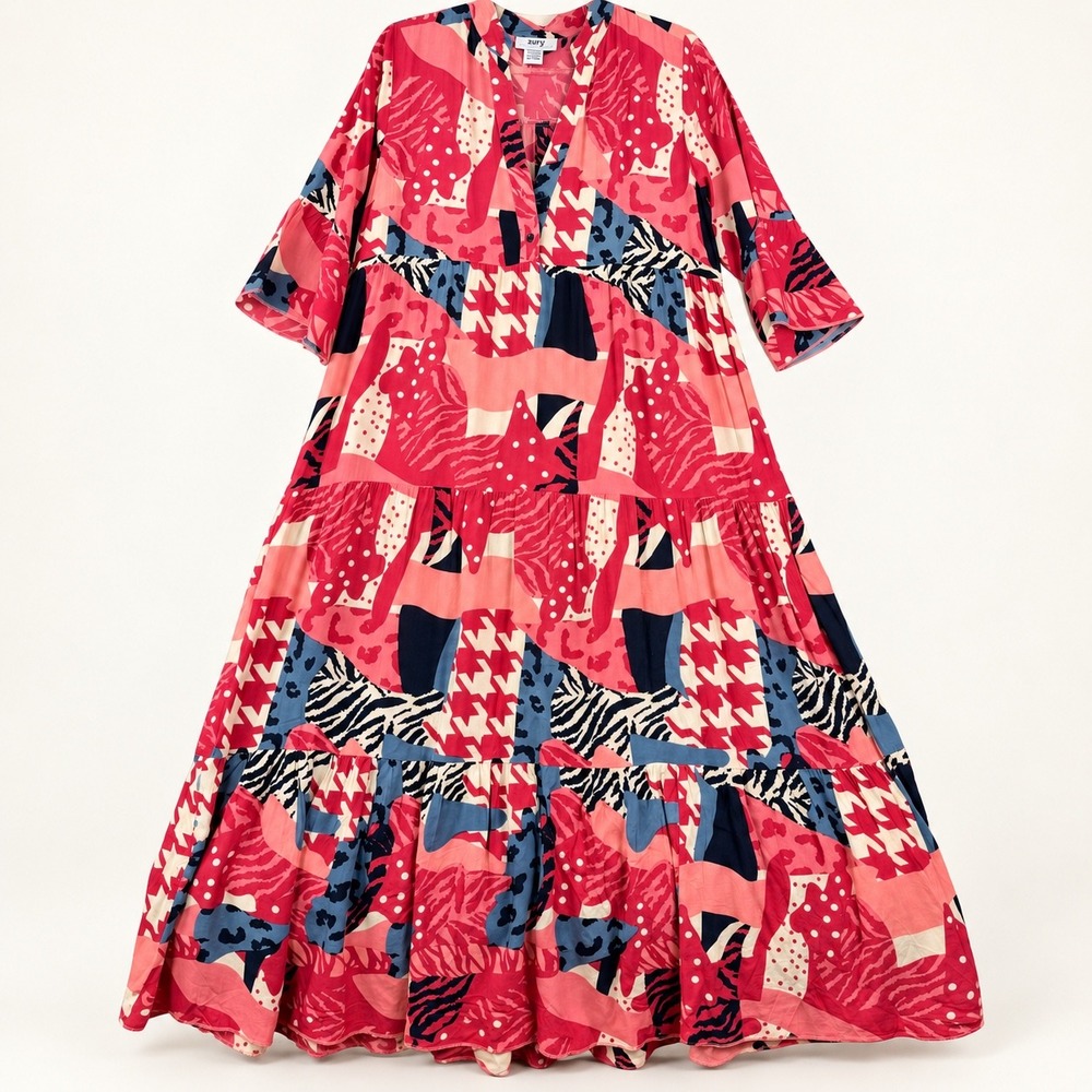 Zury Maxi Dress Womens OSFM Pink Mixed Print Tiered Boho Artsy Bell Sleeve Flowy